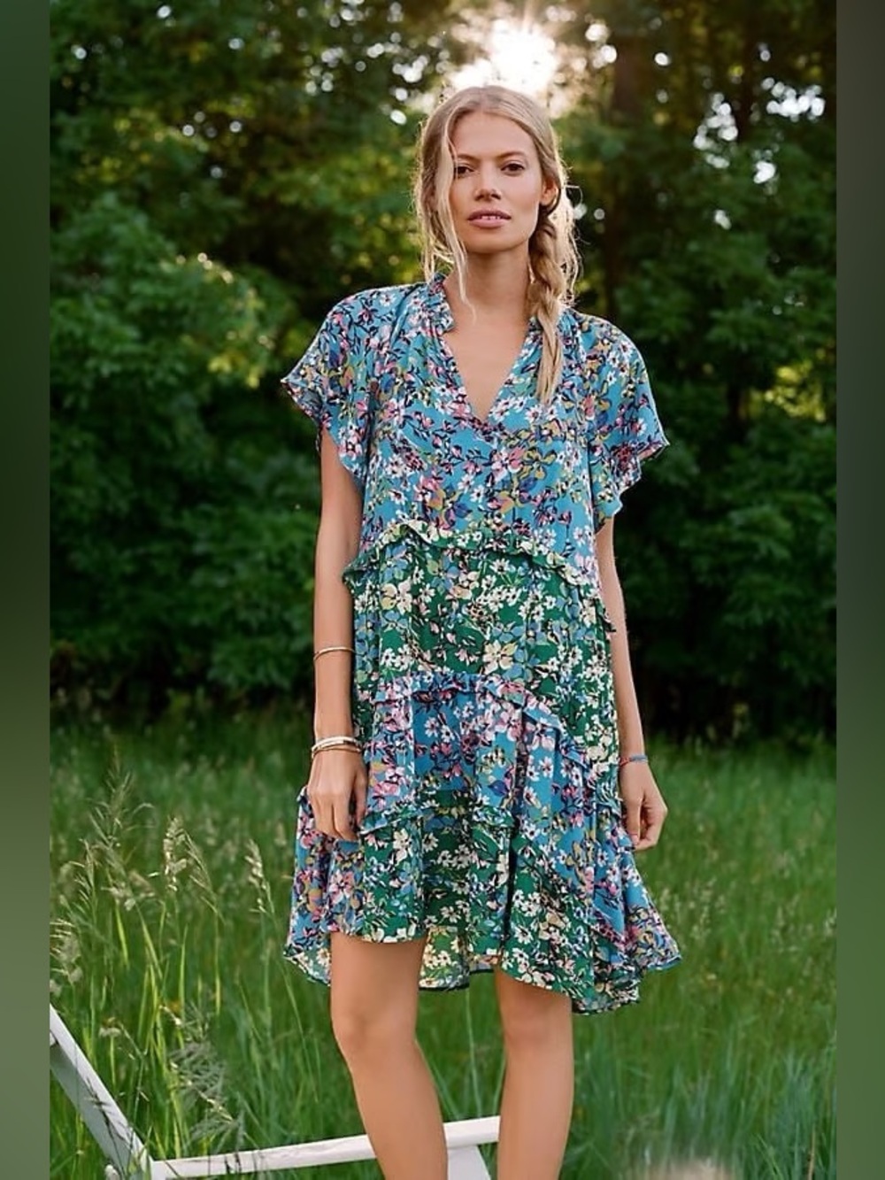 Anthropologie Blue & Green Floral V-Neck Tiered Color Block Dress